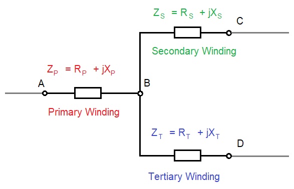 Equivalent impedance circuit of the three-winding transformer