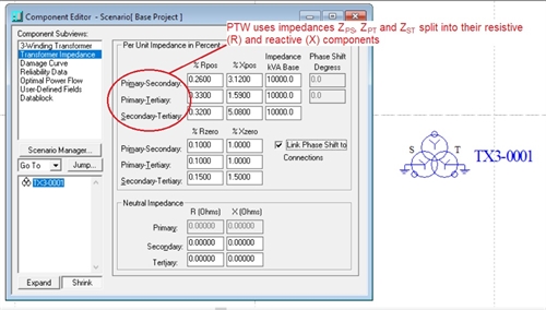 Screenshot: entering transformer data in PTW